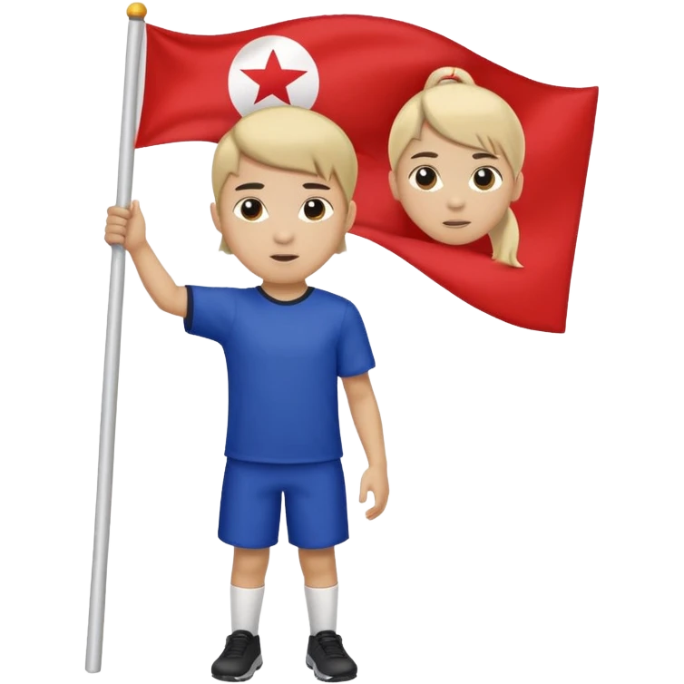 A pony tail hair boy holding a big team flag, waving it proudly with a determined expression. emoji