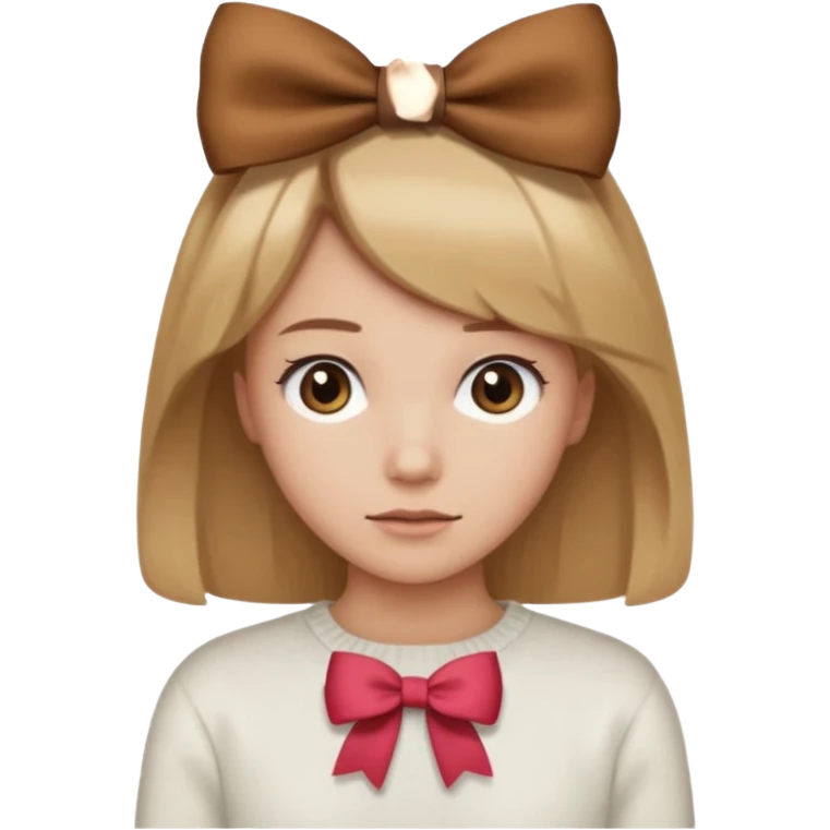 Pelo color marron claro acercándose a el rubio,suéter blanco con un moño marron, piel normal clara,y un mini moñito en la cabeza marron emoji