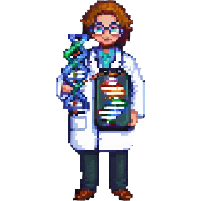 pixel art of a scientist holding a DNA model emoji