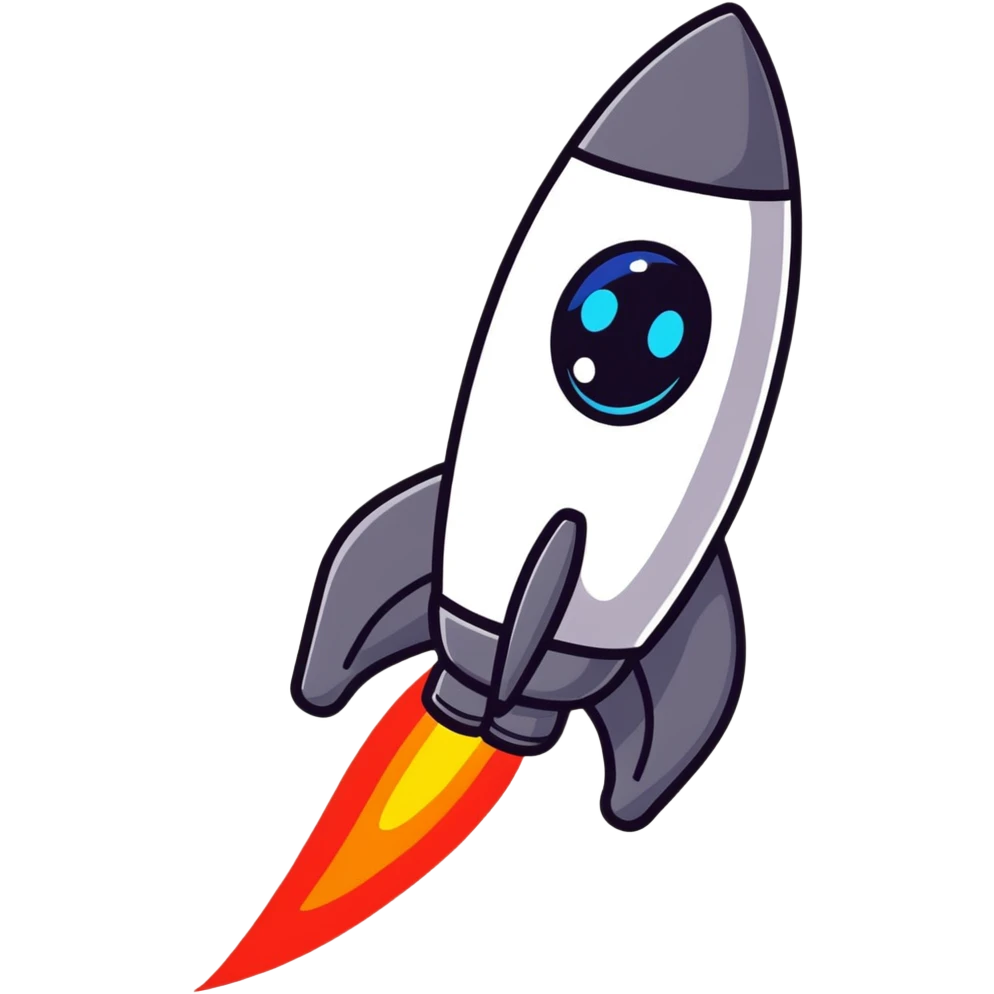 A cute sticker-style space rocket with a smiling face and bright flame trail emoji
