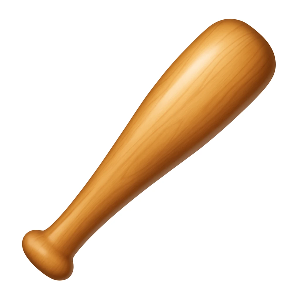 Create a baseball bat emoji exactly like the reference image in iOS emoji style. The bat should have a smooth, shiny wood texture and a classic bat shape with no hand visible. Add a subtle highlight to the bat. The style should reflect the iOS emoji aesthetic. emoji