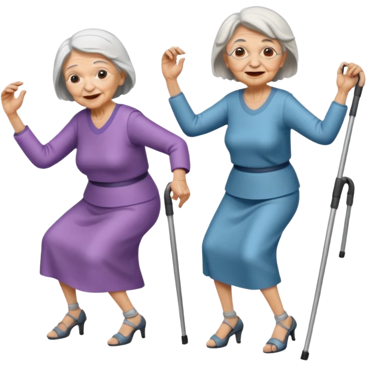 A old woman dancing with one-eyed and another old womn dancing with crutches. emoji