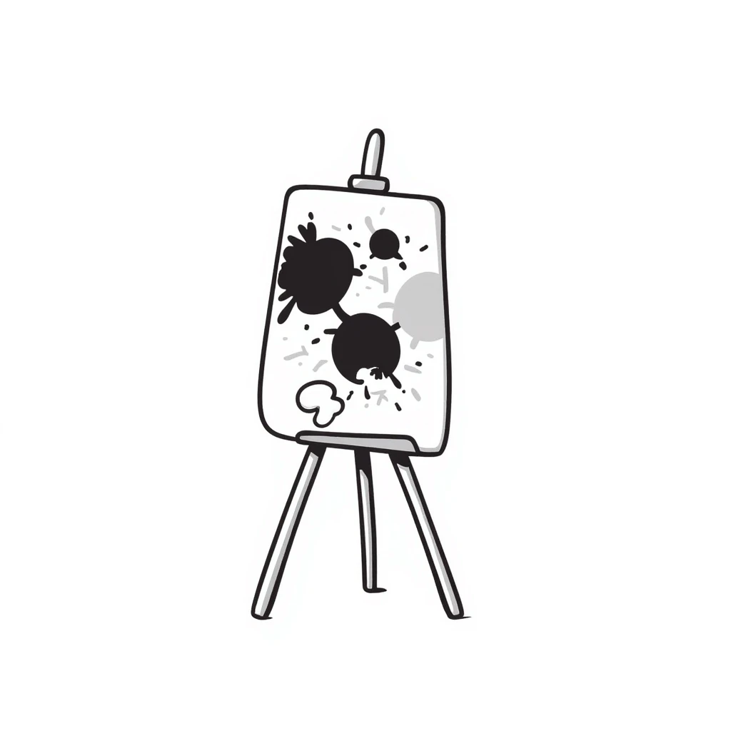 A wooden artist easel/painter's easel with a canvas in pastel colors (dd9fb0, ffc6d3, a3bfc9, c4bee2, f1b091), hand-drawn doodle style emoji