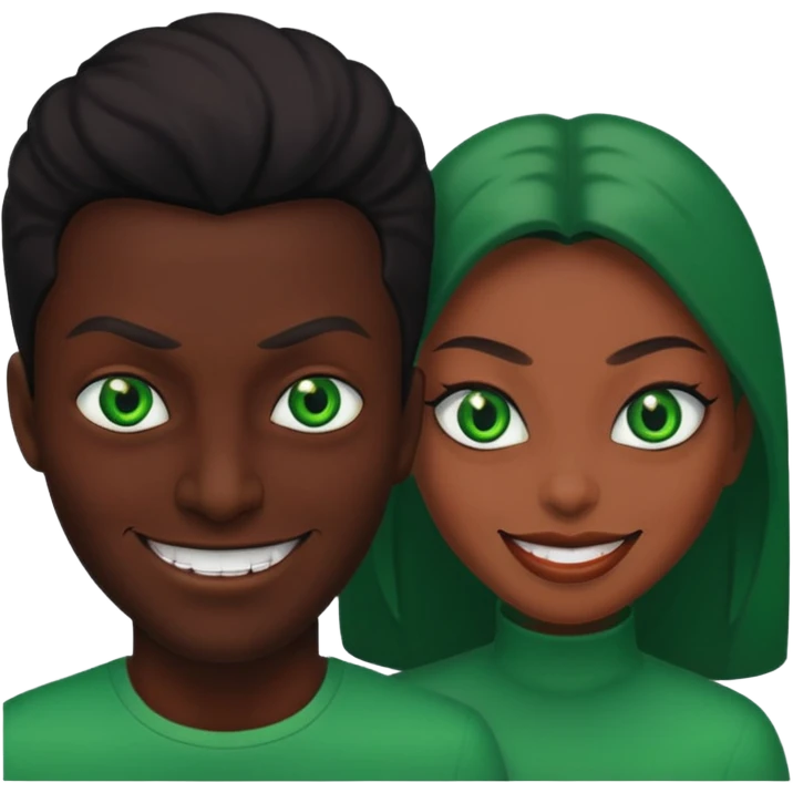 two evil persons (male and female) with devilish smile and black face and green eyes emoji
