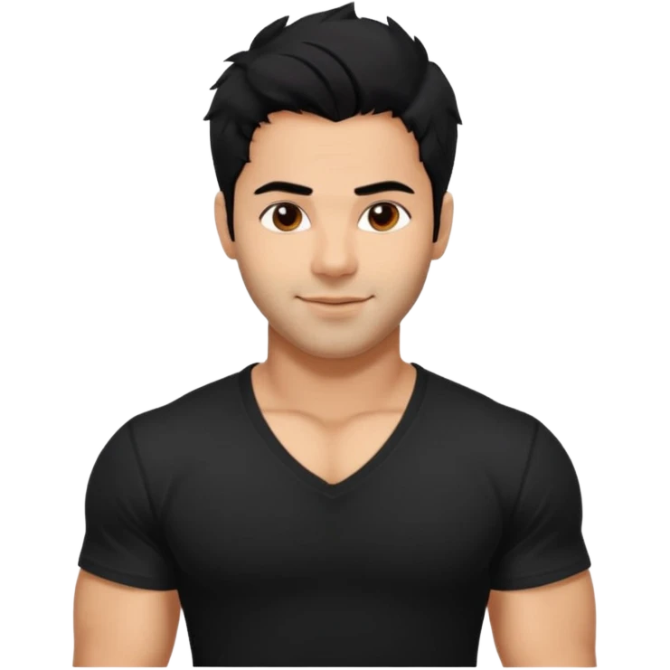 generate a pretty bratz Varun Dhawan with 
Make him wear a black v neck tshirt. muscular but still lean, smirking
He shoudl look exactly like VArun DHawan.  messy black hair emoji