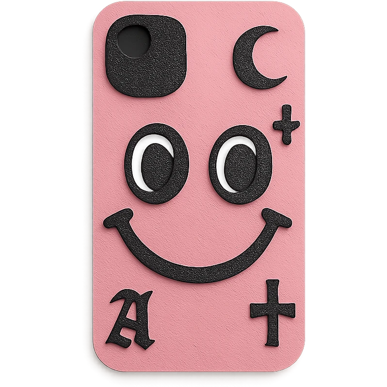 pink and black gothic phone case, big eyes, smiling, playful, cartoonish, gothic symbols emoji