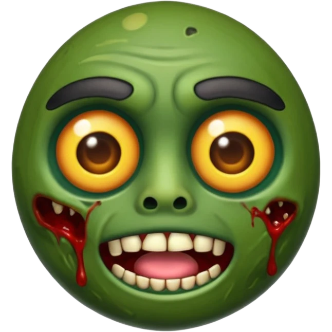 emoji de zumbi realista estilo 3D, pele verde podre, cicatrizes, olhos brilhando, expressão assustadora, fundo transparente emoji