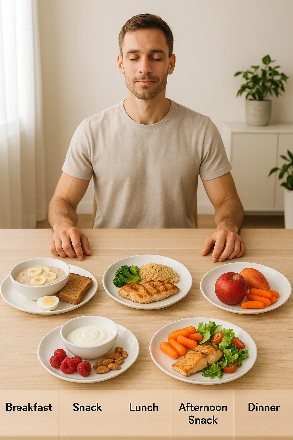 Uomo sereno con fisico sano e asciutto seduto davanti a un grande tavolo diviso in 5 sezioni, ognuna con un pasto bilanciato: colazione, spuntino, pranzo, merenda, cena. Ogni piatto ha porzioni equilibrate di proteine, carboidrati e grassi salutari. Ambiente ordinato, stile di vita sano, luce naturale, atmosfera di consapevolezza nutrizionale. emoji