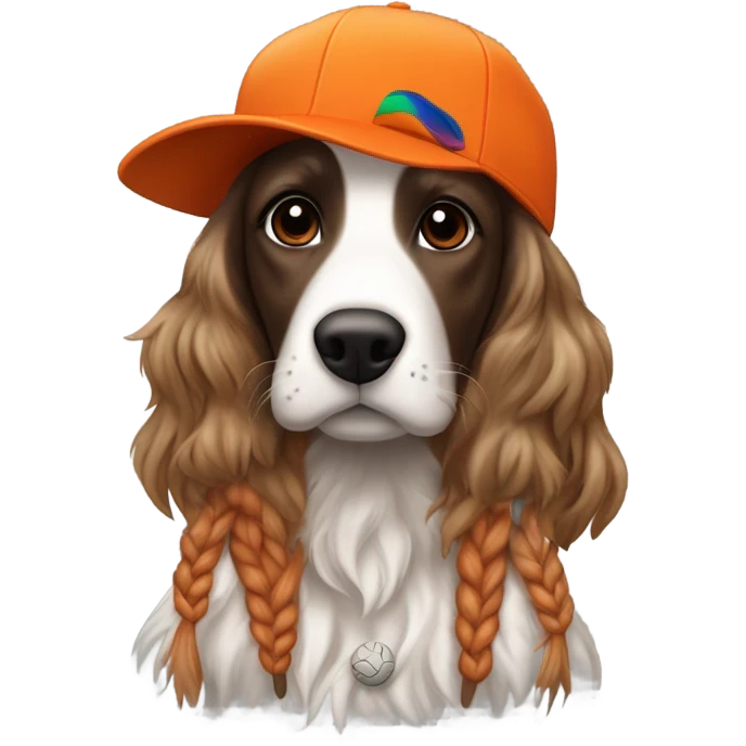 Brunette white girl with braided pigtails in a bright orange baseball hat with a phesant on it with a tricolor English setter with a half black face emoji