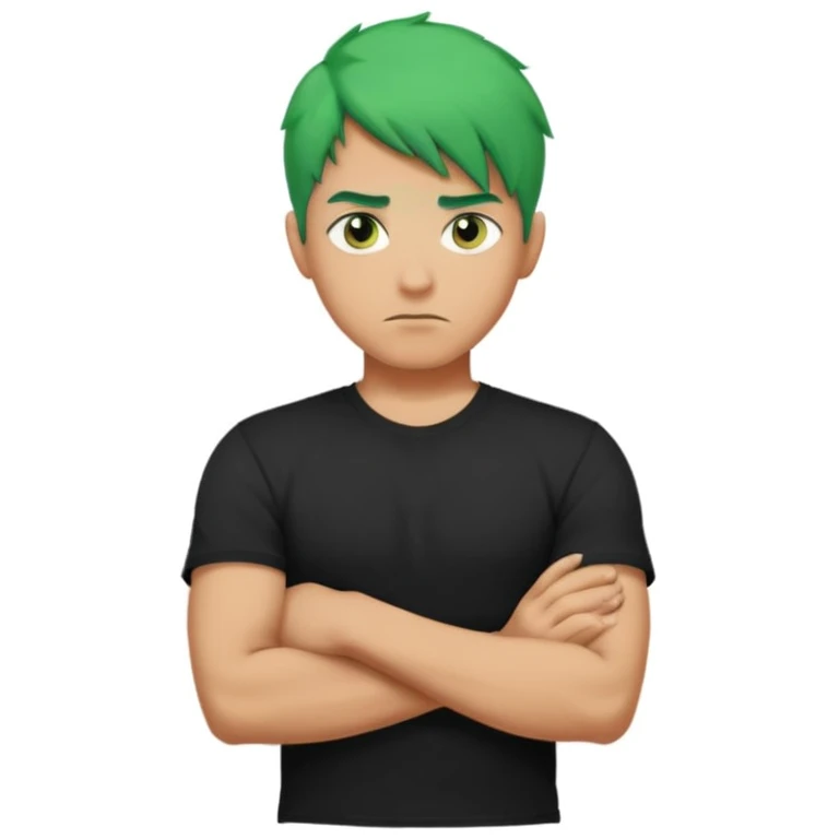 a man with his arms crossed over his chest, green hair, and serious eyes emoji