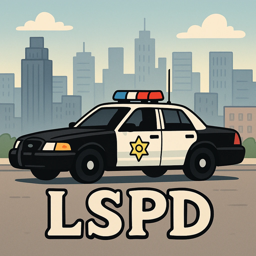 Make the police car black and white, add a city background, and add the caption 'LSPD' in a cartoon style. emoji