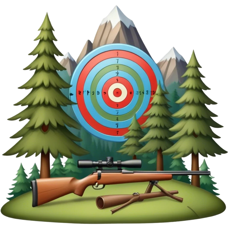 Icon for Hunting Tourism: hunting rifle, and a target, surrounded by nature elements like trees, mountains, and wildlife tracks. The icon should represent the adventure and exploration of hunting tourism. Transparent background. emoji