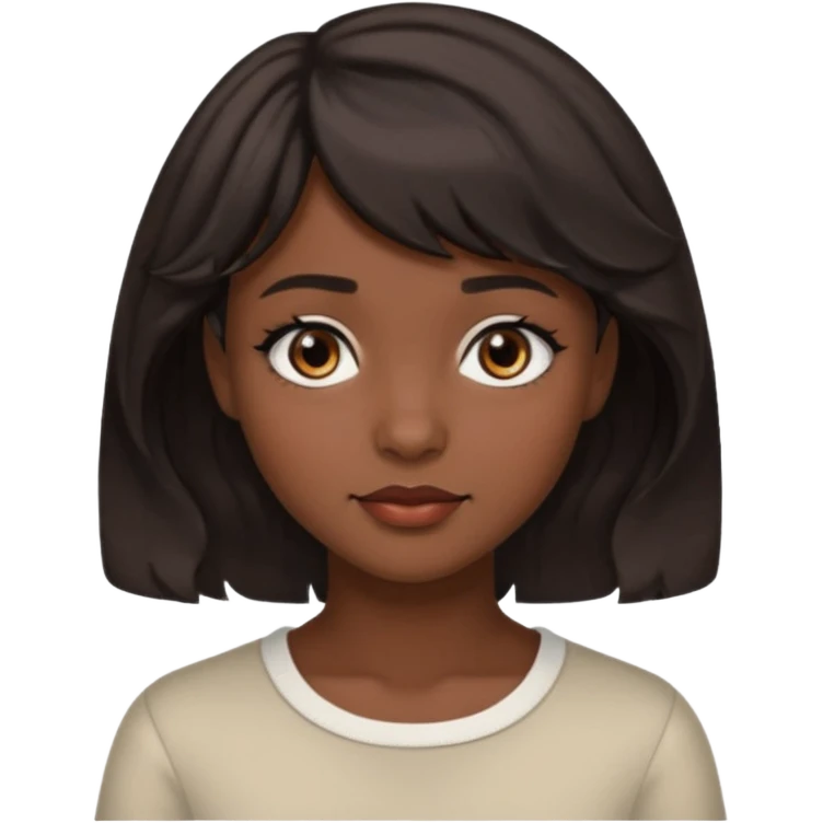 A pretty girl with dark brown eyes and short wavy dark hair with short side bangs and a neutral expression emoji emoji