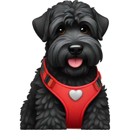 Black Russian terrier with cute smiling face and red harness emoji
