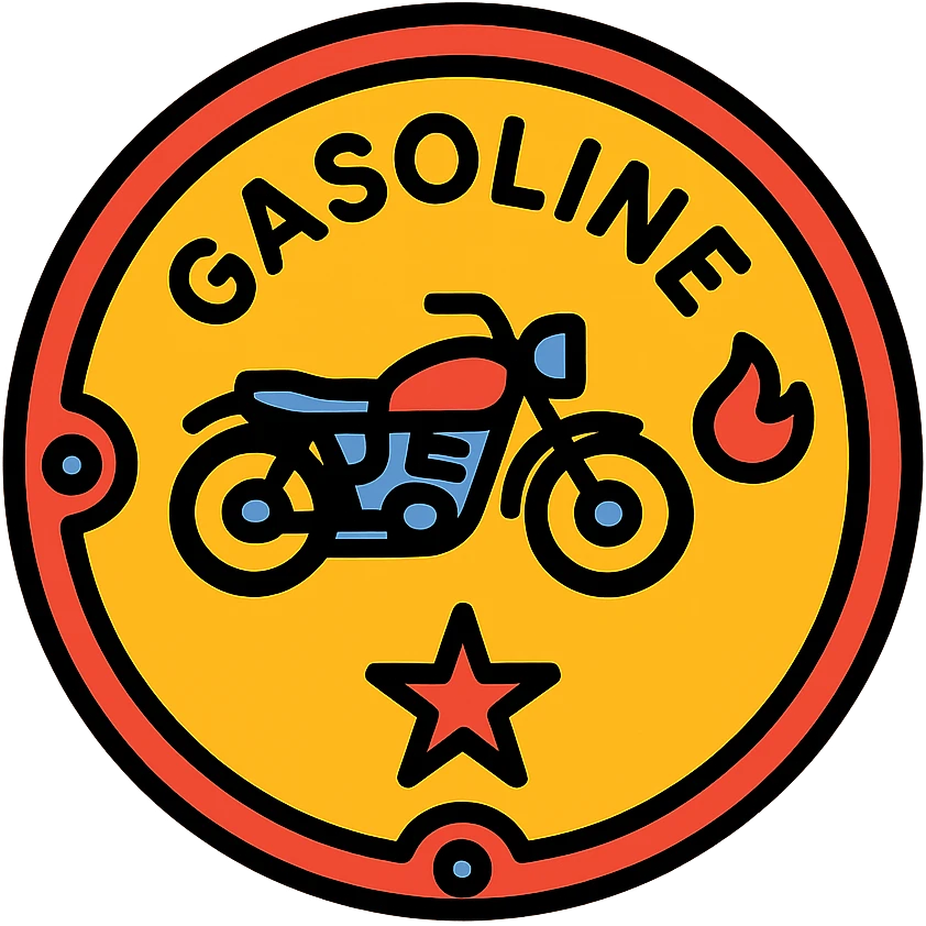 circular motorcycle gas cap design, transparent background, text 'GASOLINE', motif: motorcycle, flame, star, classic style emoji
