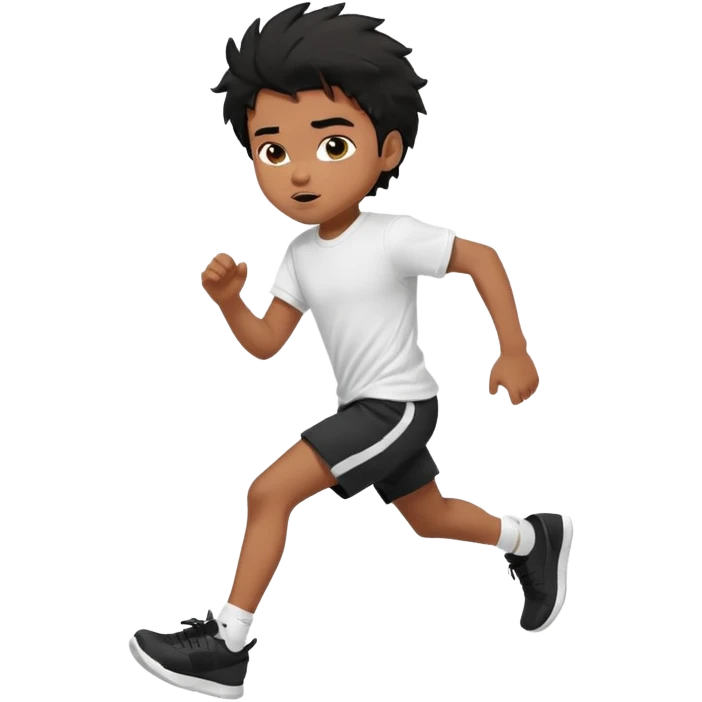 generate a pretty bratz brown skinned boy with black messy hair wearing a white tshirt and black running shorts. running on the street with white sneakers emoji