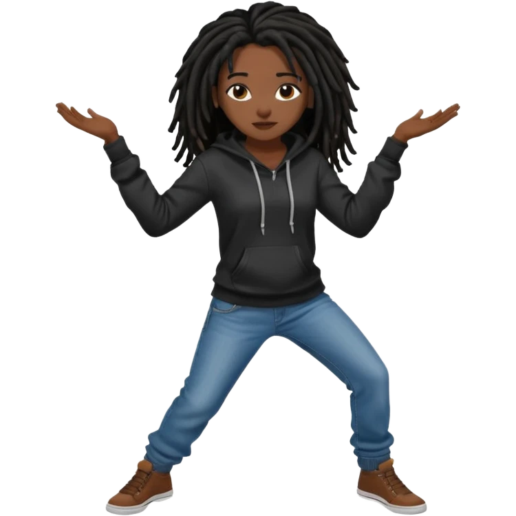 African American dark skin girl with black dreadlocks with brown tips wearing a plain black hoodie wearing denim jeans and shoes dancing in music video emoji