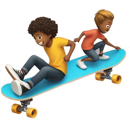 A young person on a skateboard is pushed by another emoji