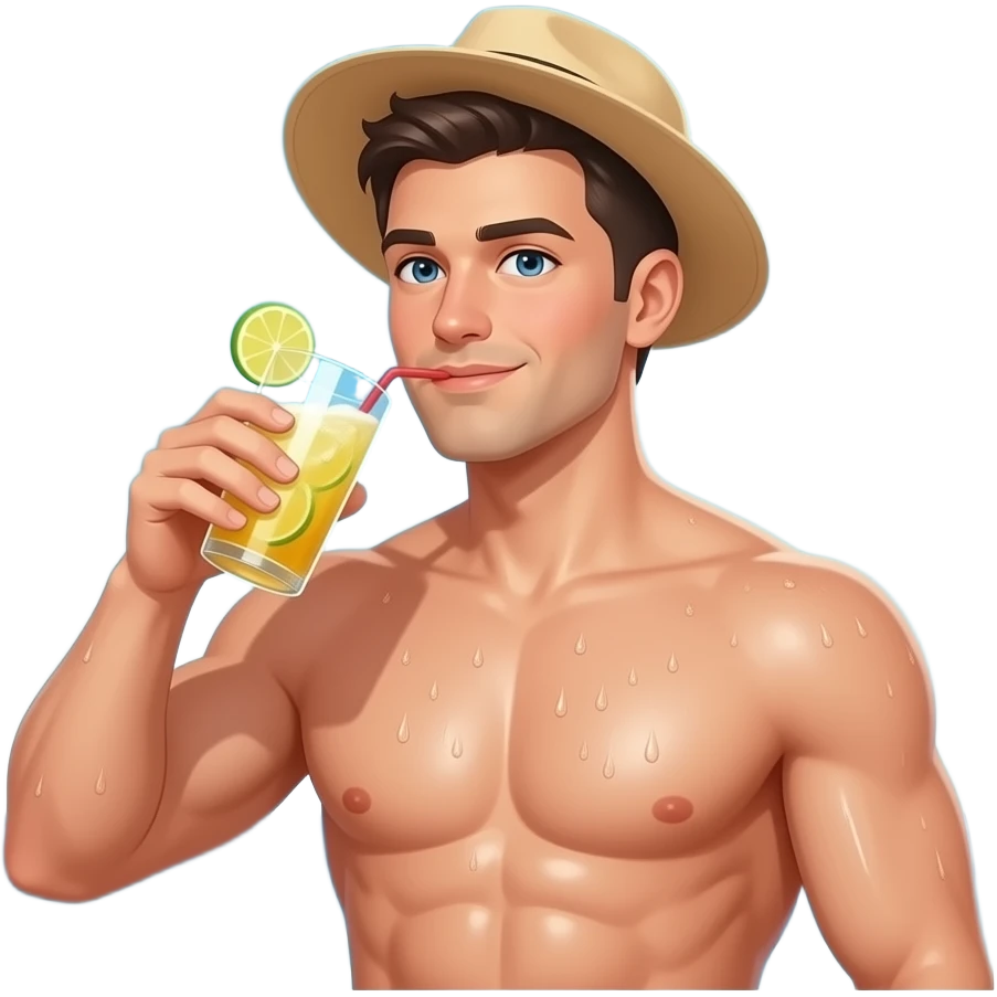 im quadratischenHintergrund ist ein blauer Himmel und die Sonne zu sehen, männliche Brust, verschwitzt  glänzend, … er trägt ein Sonnenhut und trinkt eine  kalte limmo emoji
