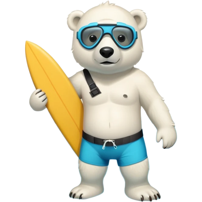 friendly anthropomorphised polar bear standing out of the pool, wearing surf board shorts and a scuba mask with snorkel emoji