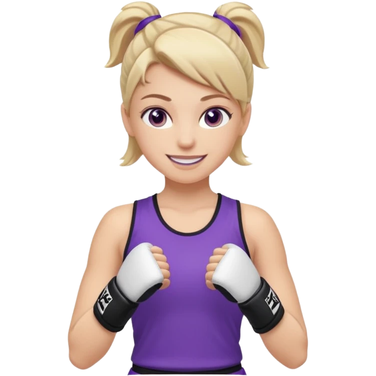 a white girl in  purple gear kickboxing smiling with a full shirt on emoji