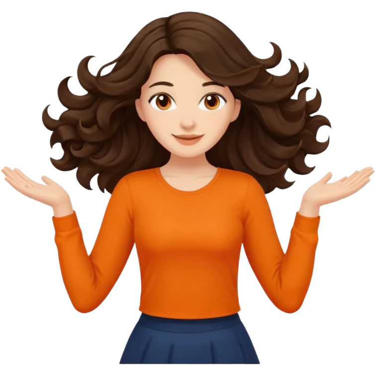 Long dark wavy hair women in orange top twirling around emoji