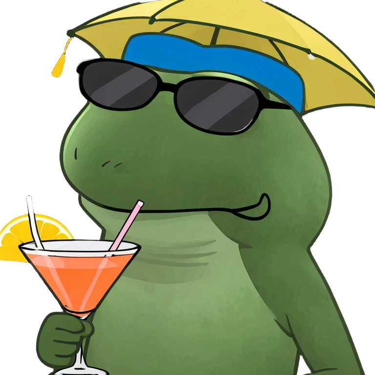 Make this frog look even more like the classic Bufo meme: green, wide-eyed, with the signature Bufo face, wearing a colorful umbrella hat, oversized sunglasses, and holding a pink cocktail with a straw, in bufo style, no background. emoji
