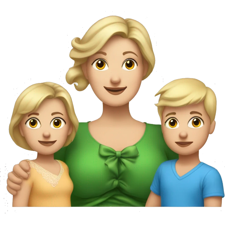 Brunette Caucasian plus sized mom, holding young blond 8 year old boy and 18 month old blonde baby girl baby has a bow in her hair emoji