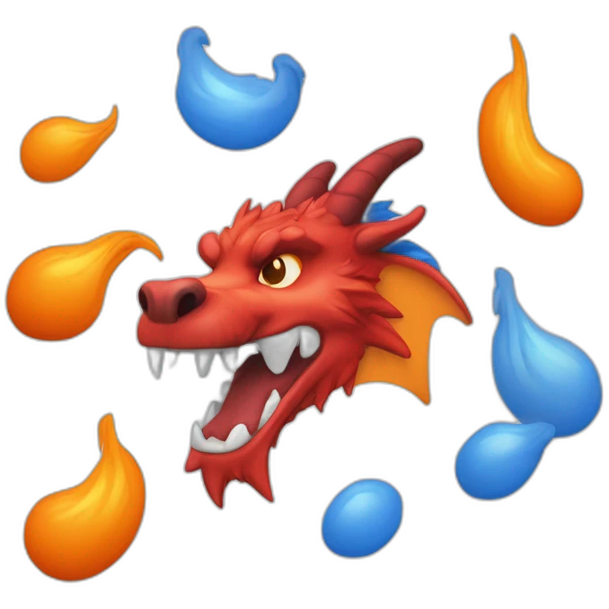 Un dragon mi loup de couleur rouge, bleu, blanc et orange moutardes, avec des corne orange moutard. Il qui crache du feux emoji