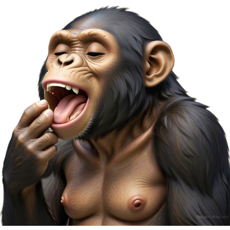 Cinematic Cute Yawning Chimpanzee Portrait Emoji, Head tilted slightly with a dramatic, wide-open yawn, showcasing a gently textured face with half-closed, drowsy eyes and an open, relaxed expression, Simplified yet irresistibly adorable features, highly detailed, glowing with a soft, cozy glow, high shine, relaxed yet expressive, stylized with a dash of whimsical primate charm, soft glowing outline, capturing the essence of a drowsy yet affectionate guardian that seems ready to stretch out for a nap! emoji