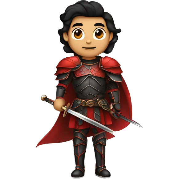 Vintage Tanned man with black hair and stern face with a pointed chin triangular jawline wearing red and black armour holding sword vintage intricate patterns emoji