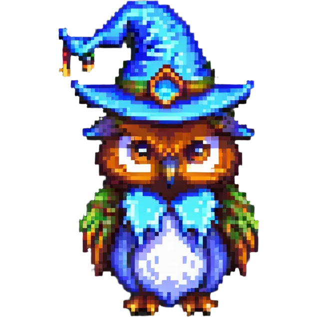 pixel art owl with a wizard hat emoji