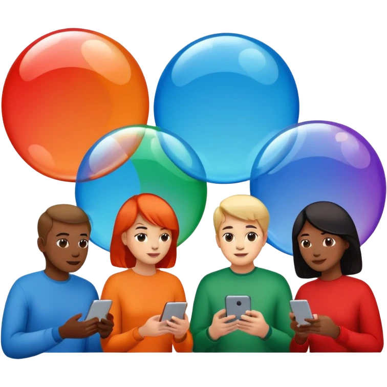 Multiple people inside colorful transparent bubbles, each using a smartphone or laptop. The bubbles are blue, red, orange, and green, with a minimalist cityscape in the background. Realistic emoji style. emoji