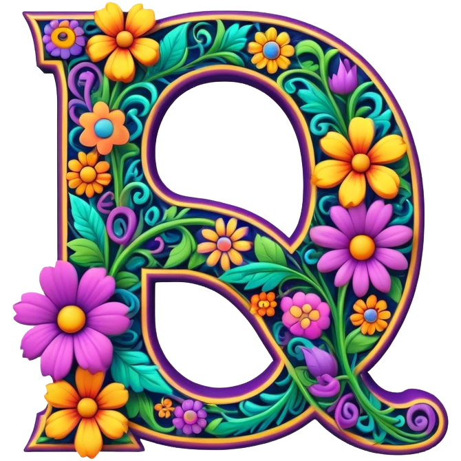 3D, gothic style psychedelic colored capital Letter Q with hippie style flower border emoji