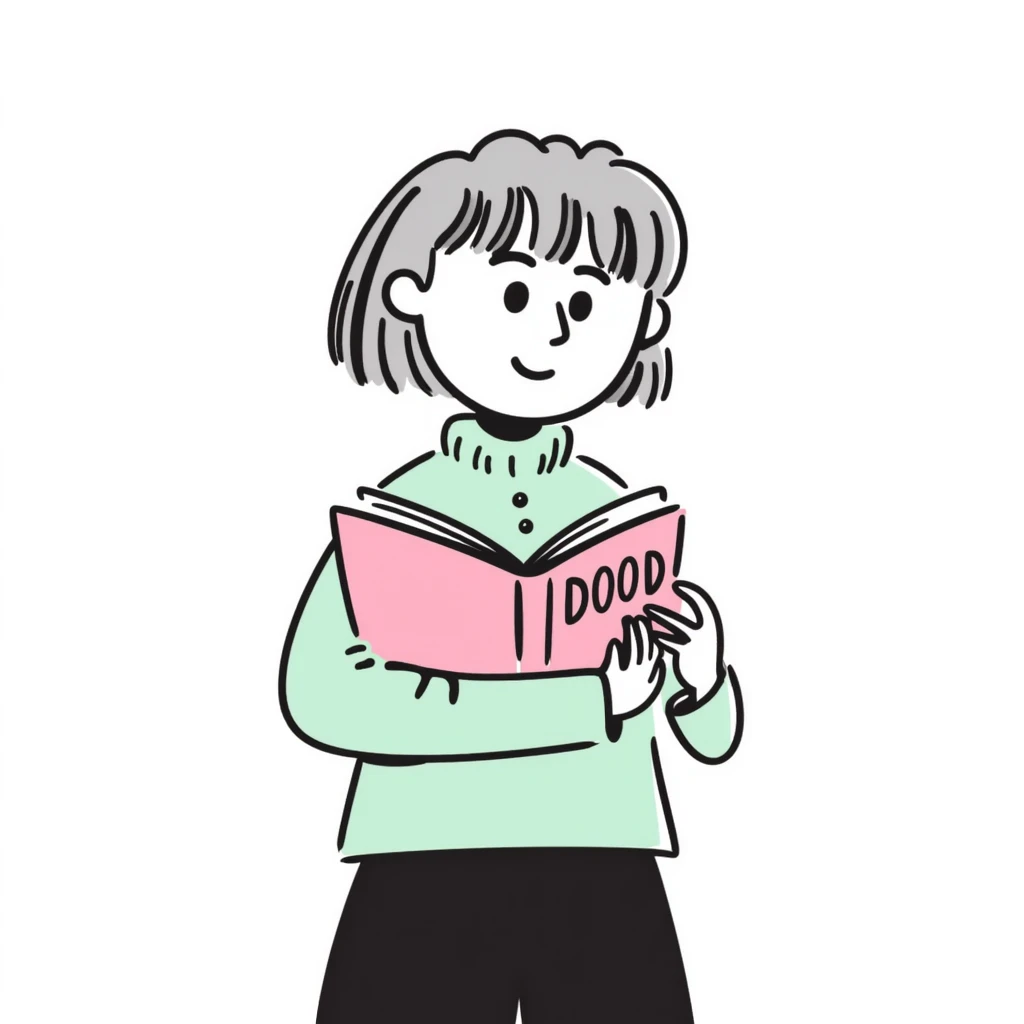 A girl with short light brown hair holding a pink book, wearing a mint shirt emoji