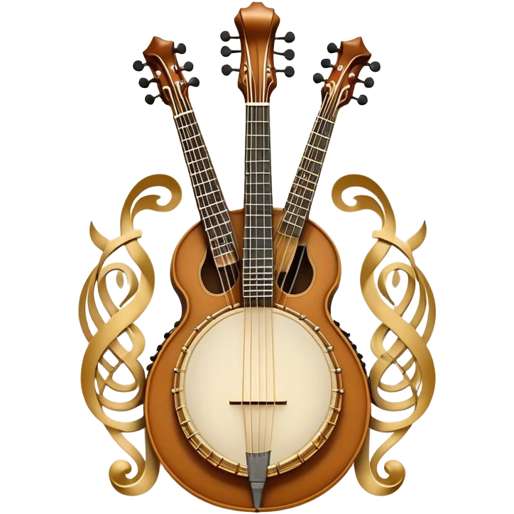 Design a sophisticated and festive emblem-like emoji representing plucked and stringed instruments. The layout should resemble a heraldic crest, featuring iconic instruments like a banjo, mandolin, domra, and sitar, artistically arranged in an elegant and symmetrical way. The necks of the instruments should be intertwined with a flowing ribbon of musical notes, winding around the strings and fretboards. The design should be detailed, showcasing the intricate carvings on the instruments, visible strings, and fret markers. Use a rich color palette with deep golds, browns, and vibrant accents to evoke a sense of luxury and celebration. The musical notes should appear to float around the instruments, connecting them in a graceful, dynamic way. Include ornate flourishes or decorative elements like laurels, swirls, or subtle engravings to give the image a professional, emblematic appearance. The background should be transparent. emoji
