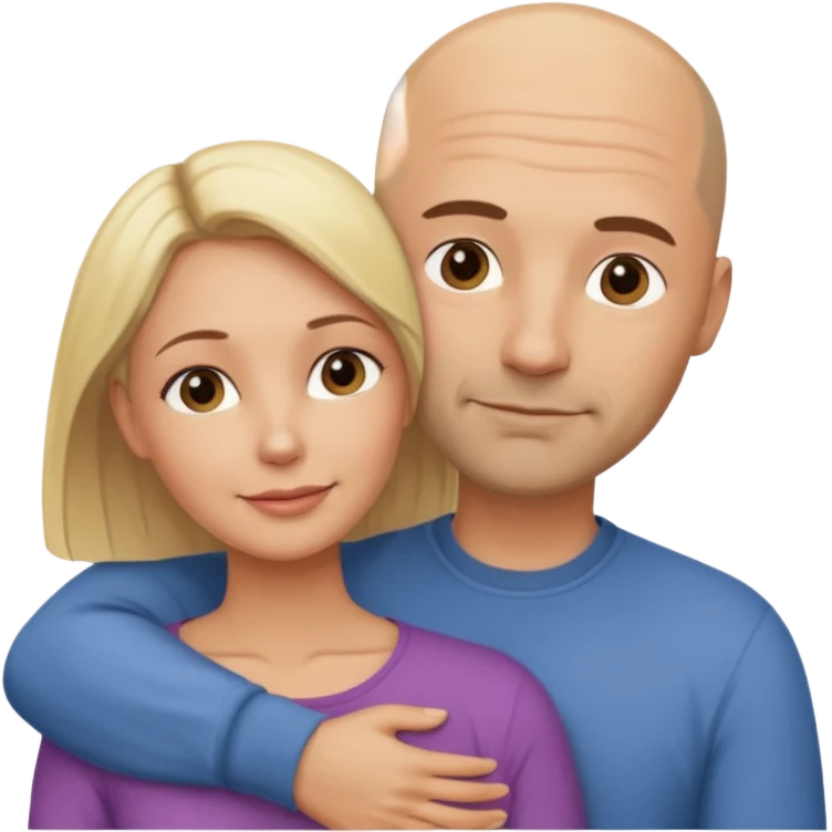 A 40-year-old couple embraces in a tender embrace. In casual attire. He is bald with a dark, stubble. She is a head shorter than him, and blonde. emoji