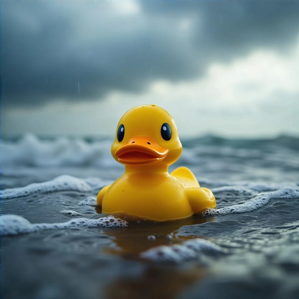 Cinematic still, Extreme Closeup shot of Yellow duck toy on ocean during cloudy day, stormy sea, Camera from top, inspired by interstellar emoji