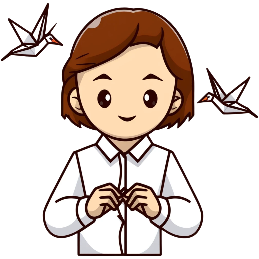 A happy Ukrainian young girl with brown hair in a white embroidered shirt makes an origami of a yellow and blue crane emoji