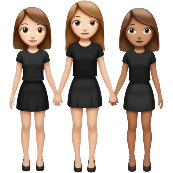 emoji of a girl with long, straight light brown hair, fair skin, soft brown eyes. Wearing a stylish black top and mini skirt. Full-height, standing confidently with shoulders back, head up, smiling proudly. Surrounded by 3 women next to her, holding hands. women have different eye color emoji