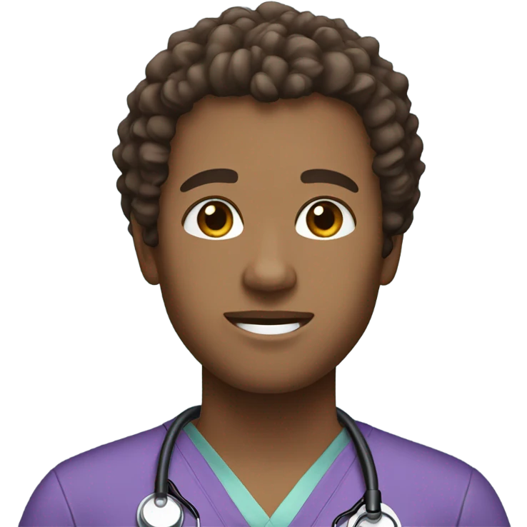 Doctor with brown curly hair and purple scrubs emoji