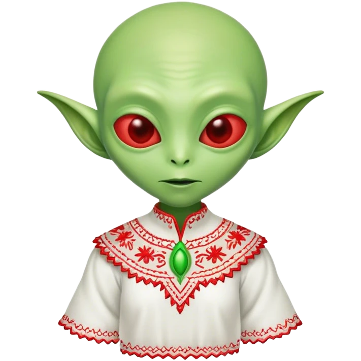 Green alien in Shirt 👚 vyshyvanka, white with red embodiary on sleeved emoji