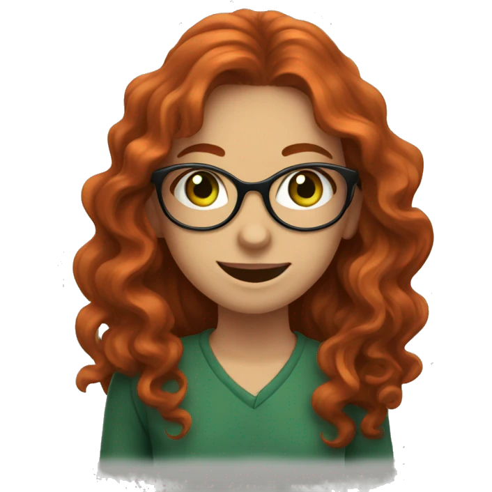 Girl with long wavy red hair, round glasses, green eyes, freckles, and a tooth gap emoji