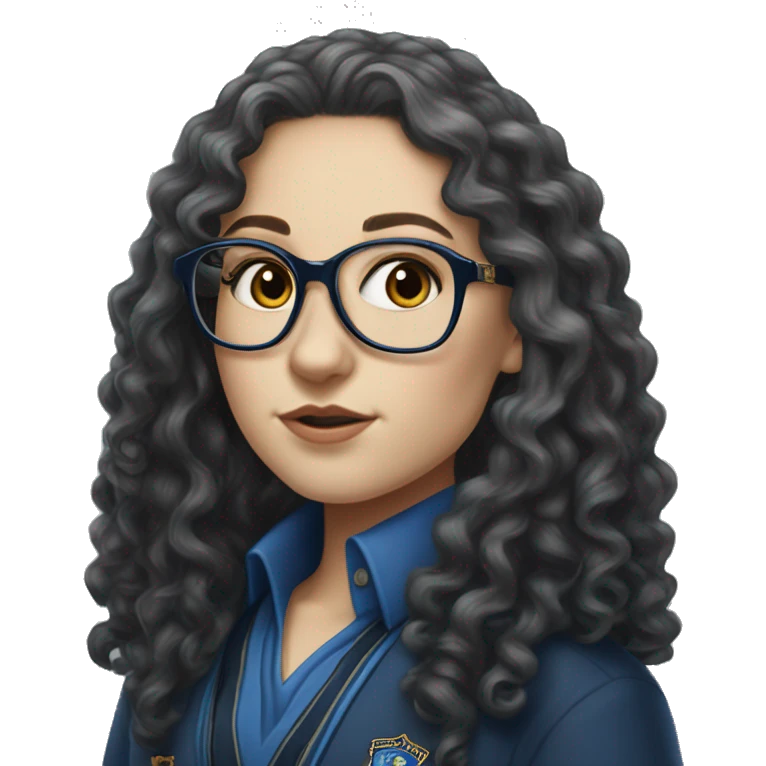 Hyper realistic White girl with long black curly hair and glasses wearing a ravenclaw school inform emoji