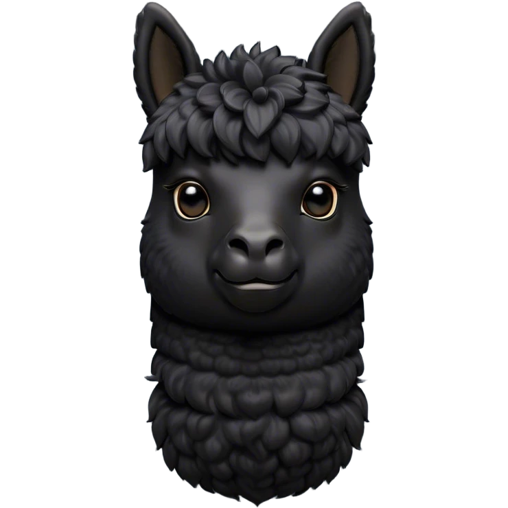 Cinematic Noble Black Alpaca Portrait Emoji, Poised and regal, with a striking, sturdy build and a sleek, well-groomed jet-black fleece, deep-set soulful dark eyes, Simplified yet sharp and sophisticated features, highly detailed, glowing with a soft, dignified glow, high shine, intelligent and mysterious, stylized with an air of elegant austerity, focused and attentive, soft glowing outline, capturing the essence of a watchful and confident companion, so majestic it feels as though it could stride out of the screen with effortless authority! emoji