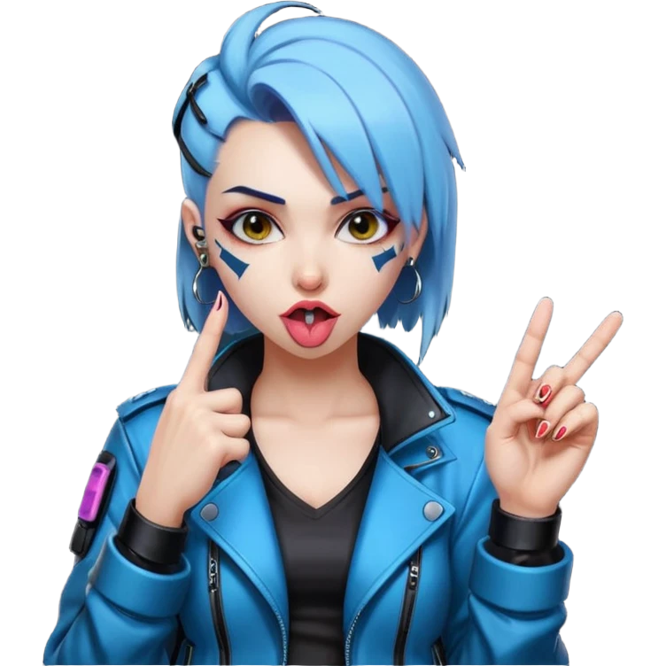 Woman with her tongue out in cyberpunk clothing and giving the middle finger. Looking naughty. emoji