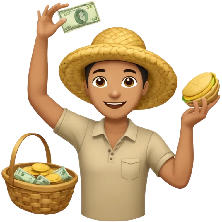 basket overflowing with money, and a very happy person ridiculously throwing money around with one hand and eating a colombian arepa with the other emoji