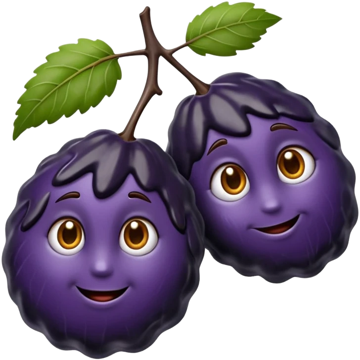 two glossy dried prunes with dark purple-black skin, deeply wrinkled and slightly sticky texture, oval irregular shape with soft folds, rich chewy appearance, no pit or branch, soft lighting, subtle shadows, emoji scale emoji