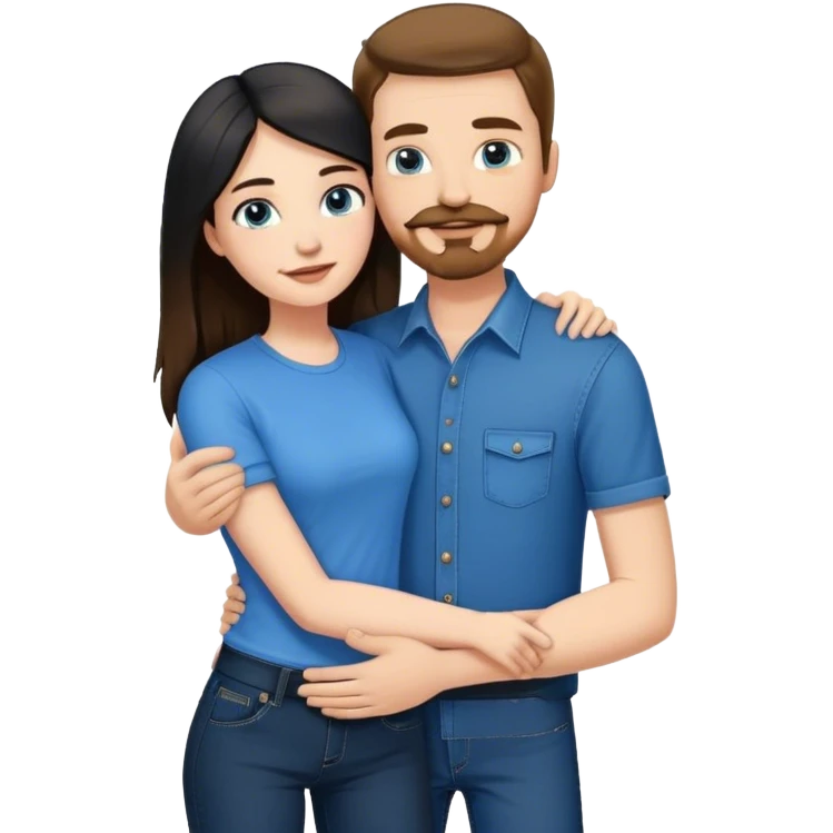 tall white guy with brown hair goatee mustache wearing blue shirt and black jeans hugging a shorter white girl with long black hair with blue jeans and white shirt emoji