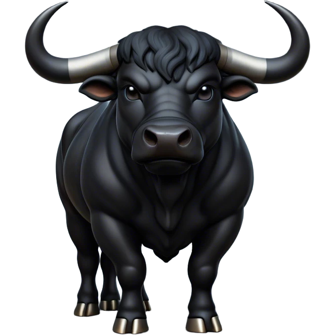 Cinematic Noble Black Bull Portrait Emoji, Poised and regal, with a massive, muscular build and a sleek, well-groomed pure black hide, deep-set soulful dark eyes, Simplified yet sharp and sophisticated features, highly detailed, glowing with a soft, dignified glow, high shine, intelligent and formidable, stylized with an air of strength, focused and attentive, soft glowing outline, capturing the essence of a watchful and confident guardian, so majestic it feels as though it could charge out of the screen with effortless authority! emoji